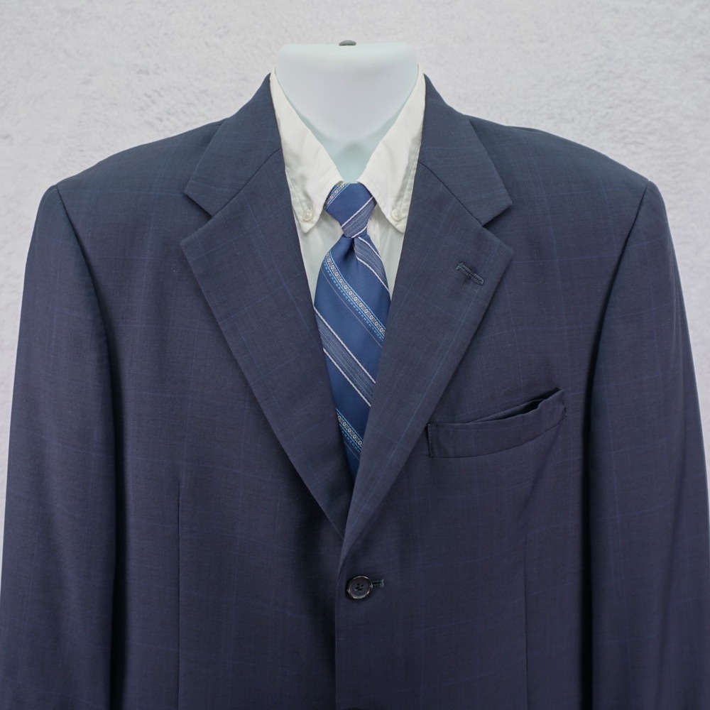 DAMAGED Austin Reed London Wool Blazer Blue Plaid Windowpane 42R 3‎ Button